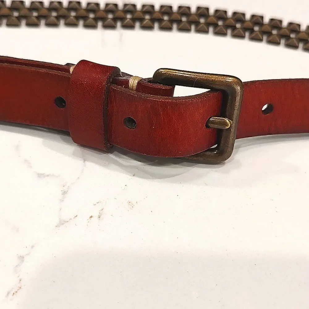 Fossil Brown Leather and Dark Brass Linked Metal Belt